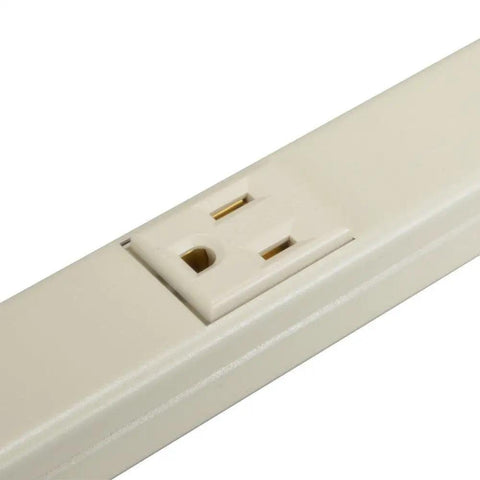 Close-up of Ivory Wall Mount Power Strip With 6 Outlets 3 Foot Steel Under Counter Cable Management Center For Kitchen Or Home Office Easy Install