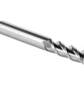 Powerhouse Solid Carbide End Mill With Three Flutes Slices Through Aluminum Acrylic Copper And Steel Like A Hot Knife Through Butter Heavy Duty Cnc Milling Cutter shown from the side angle.