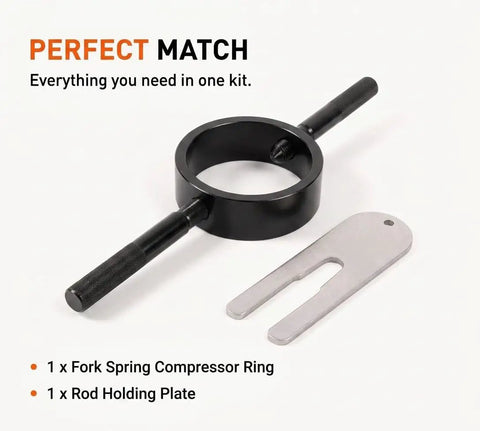 Heavy Duty Motorcycle Fork Spring Compressor Tool Kit For Universal Fit On Conventional And Inverted Forks Pro Grade DIY Maintenance For Seal Replacement And Oil Change On Sport Dirt And Street Bikes, showing fork spring compressor ring and rod holding plate.