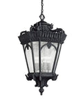 Victorian 4 Light Outdoor Pendant Light In Textured Black Finish With Clear Seeded Glass Panels, showcasing ornate detailing.
