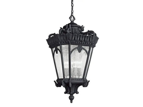 Victorian 4 Light Outdoor Pendant Light In Textured Black Finish With Clear Seeded Glass Panels, showcasing ornate detailing.