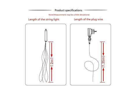 Specifications of Plug In Fairy Lights With 6.56 Ft Copper Wire, 14 Branch Strands And 280 LEDs, showing light and plug wire lengths