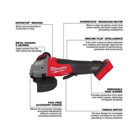 Professional Grade M18 Fuel Four Pack Cordless Power Tool Combo Kit Featuring Heavy Hitting One Half Drill Fast Draw Impact Wrench And Kickin Sawszall Saw Built For Long Shifts On Site With Top Shelf Performance details including motor and safety features.