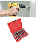 Check Out This Awesome 25-Piece Screw Extractor Set Made From Tough 40Cr Steel Perfect For Yanking Out Stripped Bolts And Broken Studs With Ease Using A Multi-Spline Hex Shank Design To Save Your Time And Money On Any Garage Repair Job You Got. 25-piece 40Cr steel screw extractor set in red case, shown with drill removing a cabinet screw