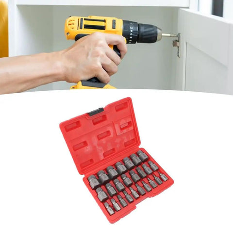 Check Out This Awesome 25-Piece Screw Extractor Set Made From Tough 40Cr Steel Perfect For Yanking Out Stripped Bolts And Broken Studs With Ease Using A Multi-Spline Hex Shank Design To Save Your Time And Money On Any Garage Repair Job You Got. 25-piece 40Cr steel screw extractor set in red case, shown with drill removing a cabinet screw