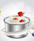 Fully Automatic Smart Yogurt Maker With Premium Stainless Steel Fermenting Jar showcasing yogurt with fresh strawberries splashing.