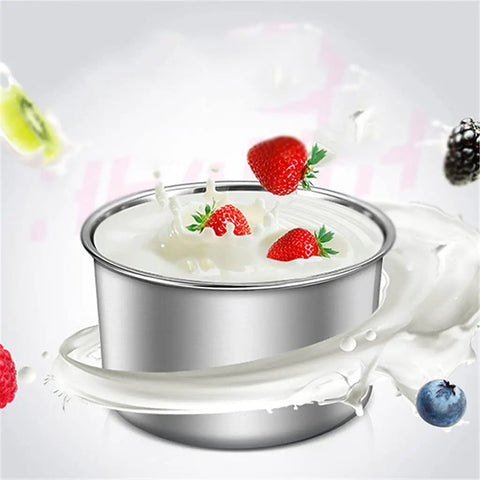 Fully Automatic Smart Yogurt Maker With Premium Stainless Steel Fermenting Jar showcasing yogurt with fresh strawberries splashing.
