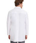 Back view of Relaxed Fit Men's Lab Coat With 5 Pockets, Side Slits, Knit Details And 360 Degree Stretch For Easy Movement, White, 34.5 Inch Back Length, X Large
