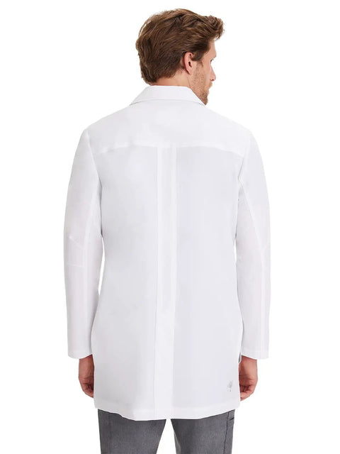 Back view of man wearing Logan Men's White Lab Coat With Five Pockets, 360 Degree Stretch, Side Slits And Knit Details, Back Length 34.5 Inches