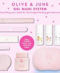 Olive & June Gel Mani System with various manicure tools and gel products including base and top coats.