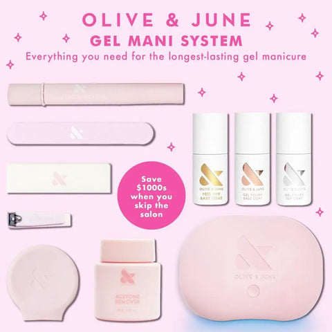 Olive & June Gel Mani System with various manicure tools and gel products including base and top coats.