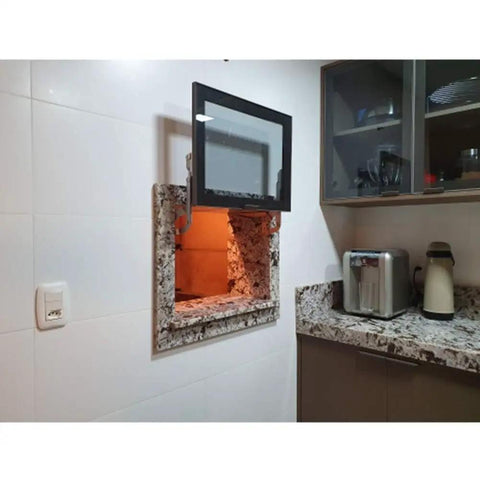 Vertical Lift Translational Pneumatic Hinge Set With Silent Soft Close Dampers installed on a cabinet window in a kitchen.