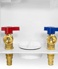 Close-up of Washing Machine Outlet Box With One Half Inch PEX A Expansion Inlet And Three Quarter Inch MHT Outlet Center Drain Brass Quarter Turn Valves Installed