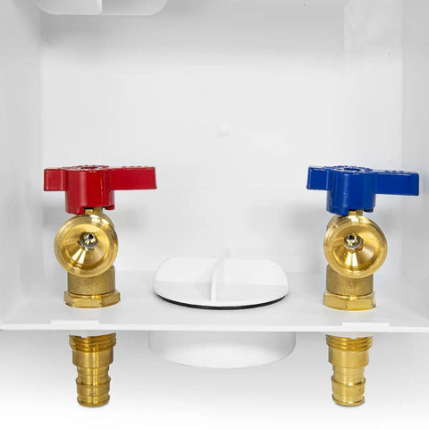 Close-up of Washing Machine Outlet Box With One Half Inch PEX A Expansion Inlet And Three Quarter Inch MHT Outlet Center Drain Brass Quarter Turn Valves Installed