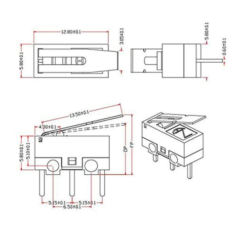 Technical diagram of 20 Pack Micro Switches 1A 125V SPDT NO NC Hinge Lever Momentary Push Button for Arduino and DIY projects.
