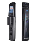 Fully Automatic Smart Door Lock Offering Slick 3D Fingerprint Recognition And Instant Remote Video Chat, showing sleek black aluminum design with keypad.