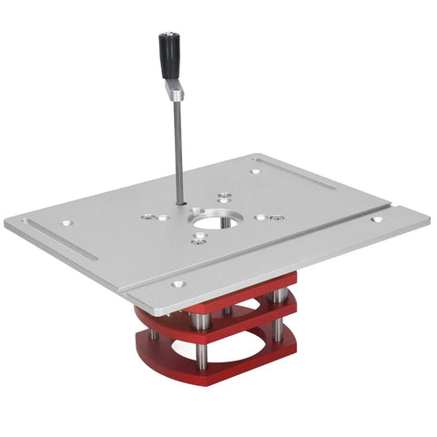 Top Shelf Router Lift Kit For Custom Woodworking Shops Featuring Slick Manual Crank Handle And Dead Precise Height Adjustment with aluminum body and stainless steel plate.
