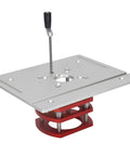 Heavy Duty Aluminum Manual Router Lift Stand Fits 64 To 66Mm Trimmers With Smooth Crank Depth Dial showing mounting base with crank handle.