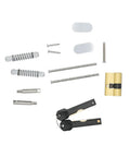 Heavy Duty Outdoor Door Lock With Sleek Keypad And Spare Key, Built Tough Battery Free Aluminum Alloy Gate Lock For Courtyard Entry, Matte Black components including screws, pins, and keys.