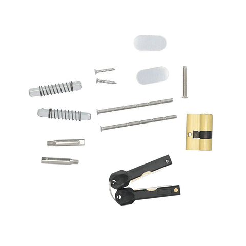 Heavy Duty Outdoor Door Lock With Sleek Keypad And Spare Key, Built Tough Battery Free Aluminum Alloy Gate Lock For Courtyard Entry, Matte Black components including screws, pins, and keys.