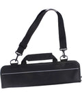 Foldable Knife Roll Storage Bag For Chefs And Home Cooks, black Oxford cloth with handle and strap, closed view