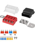 M10 100A 32V Fuse Block Terminal Mount Busbar For Car Boat Marine DC Systems, set showing four fuse positions with cover and connectors