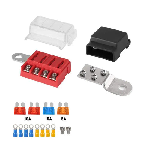 M10 100A 32V Fuse Block Terminal Mount Busbar For Car Boat Marine DC Systems, set showing four fuse positions with cover and connectors