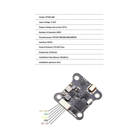 5.8G 40CH FPV VTX Transmitter For RC Drones, Beefed Up 25mW, 100mW, 200mW, 400mW And 600mW Output, wiring diagram and specs sheet.