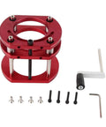 No Sweat Four Jaw Router Table Lift Base in red aluminum, showing components and tools for precision woodworking setup.