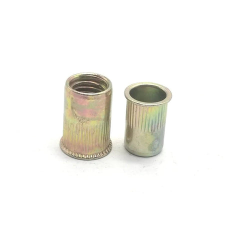 Top Quality Flat Head Threaded Inserts M3 To M10 Pack Of 2 10 Pcs Zinc Plated Steel Knurled Rivet Nuts displayed with knurled design.