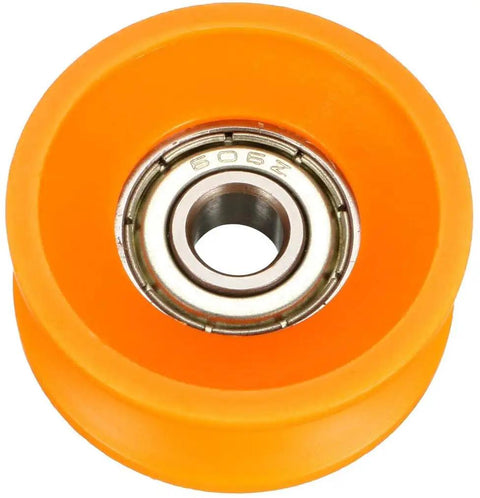 Dead Reliable 2 Pack V Groove Bearing Pulley Rail Ball Wheel with orange nylon wheel and heavy duty steel bearing.