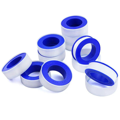30 Pack One Half Inch Teflon Tape Industrial Thread Seal Tapes For Plumbing Waterproof Seals 394 Inch Each Roll Perfect For Plumbers And DIY Projects On Threaded Pipes, shown in blue and white rolls.