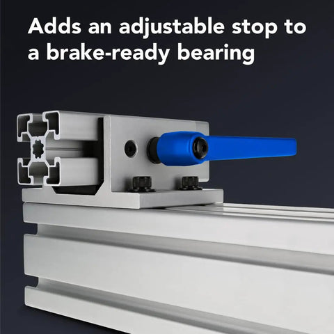 Blue L Handle Linear Bearing Brake Kit For 40 Series Aluminum Extrusion Accessories with adjustable stop feature shown.