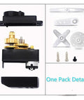 Four Pack ES08MA II 12g Mini Metal Gear Analog Servo Shockproof For RC Models; internal gears and servo accessories displayed