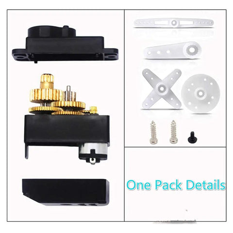 Four Pack ES08MA II 12g Mini Metal Gear Analog Servo Shockproof For RC Models; internal gears and servo accessories displayed
