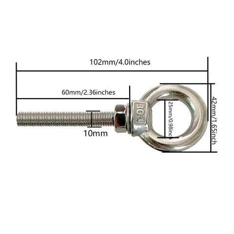 Heavy Duty M10 Shoulder Eye Bolt 304 Stainless Steel 4 Inch Lifting Ring 2 Pack Includes Nuts And Washers with size dimensions.