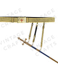 Templar Sir Knight Ceremonial Sword Belt And Buckle In Black And Gold With Lace Adjustable 36 To 50 Inches, displayed with sword.