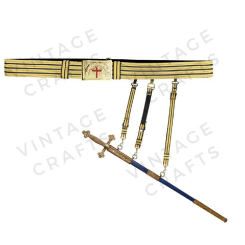 Templar Sir Knight Ceremonial Sword Belt And Buckle In Black And Gold With Lace Adjustable 36 To 50 Inches, displayed with sword.