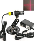 Laser crosshair alignment tool on adjustable clamp mount; black with AC-DC power adapter and cables