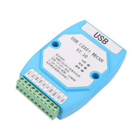 Usb To Can Converter With Optical Isolation TvS Protection And Plug And Play Data Conversion Protocol For Industrial Automation This Interface Delivers Reliable Communication With Configuration Saving And Hexadecimal Support, blue casing, top view.
