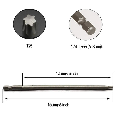Top Drawer S2 Steel T25 Torx Screwdriver Bit Set, 5 inch long bit with 1/4 inch hex shank for standard drills.