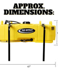 65 Gallon UTV Sprayer With 7 Nozzle Folding Boom dimensions showing 47x16.75 inches for side by side pastures and row crops