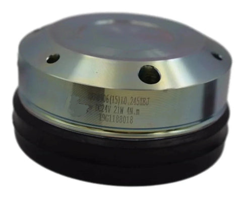 Front view of electromagnetic brake housing for forklift equipment, silver metal cylinder with side mounting holes and black rubber seal