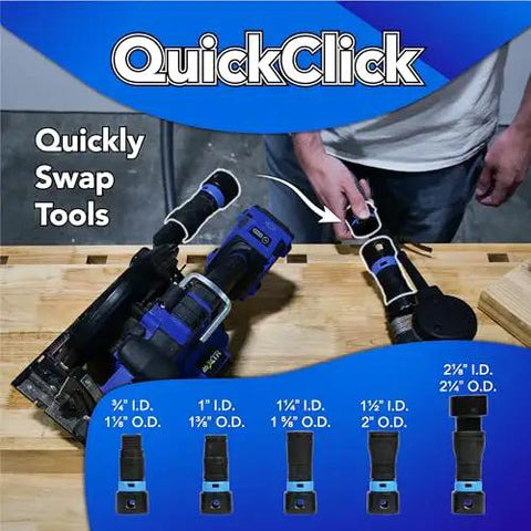Person using Quick Click 16 Foot Commercial Vacuum Hose With Expanded Multi Brand Power Tool Adapter Set for dust collection