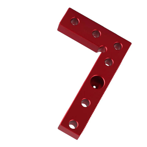 Red L-shaped tool with multiple holes resembling Orange Aluminum Alloy Self Centering Dowel Drill Guide And Center Scriber For Woodworking