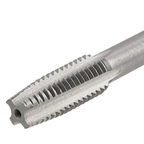 Close-up of M8 X 1.25 Metric Hand Tap For Metal Repair, showcasing threading details on alloy tool steel for high hardness and toughness.