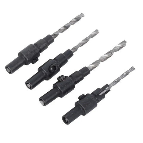 Adjustable Countersink Drill Bit Set For Woodworking - Four Piece Kit With Sizes 6 8 10 12 And Wrench, Quickly Replaceable Bits