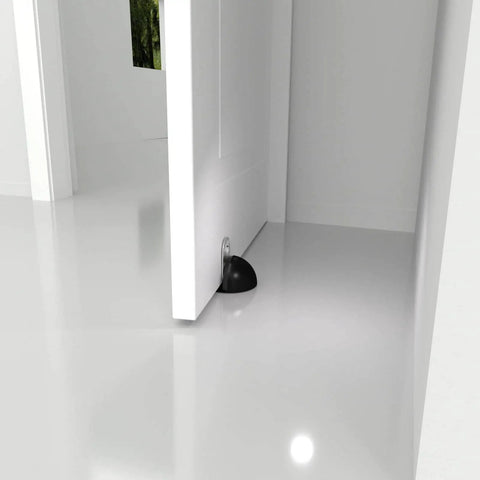 Magnetic Door Stop No Drill Self Adhesive Floor Door Stopper Stainless Steel Black 4 Pack installed on white door keeping it open