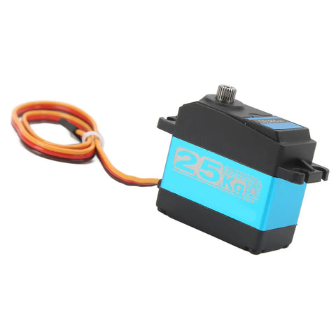 Heavy Duty All Metal Digital Servo Packed With Hella Strong 25kg Torque And Quick 180 Rotation For Water Resistant Rc Crawler Truck Parts And Off Road Mods, shown at an angle with cable.