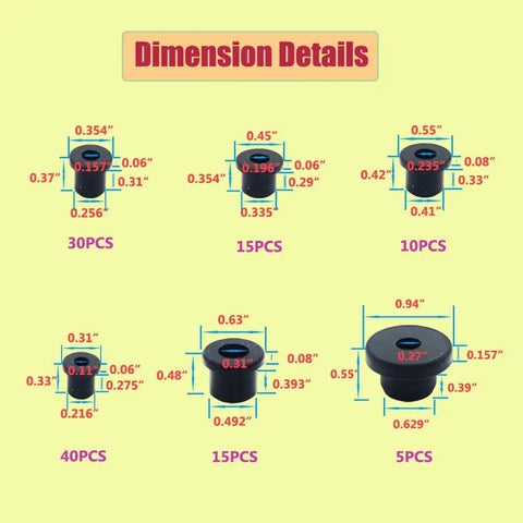 115 Piece T Type Silicone Rubber Grommet Kit All Six Sizes With Dimension Details For Wiring Automotive Firewall Holes